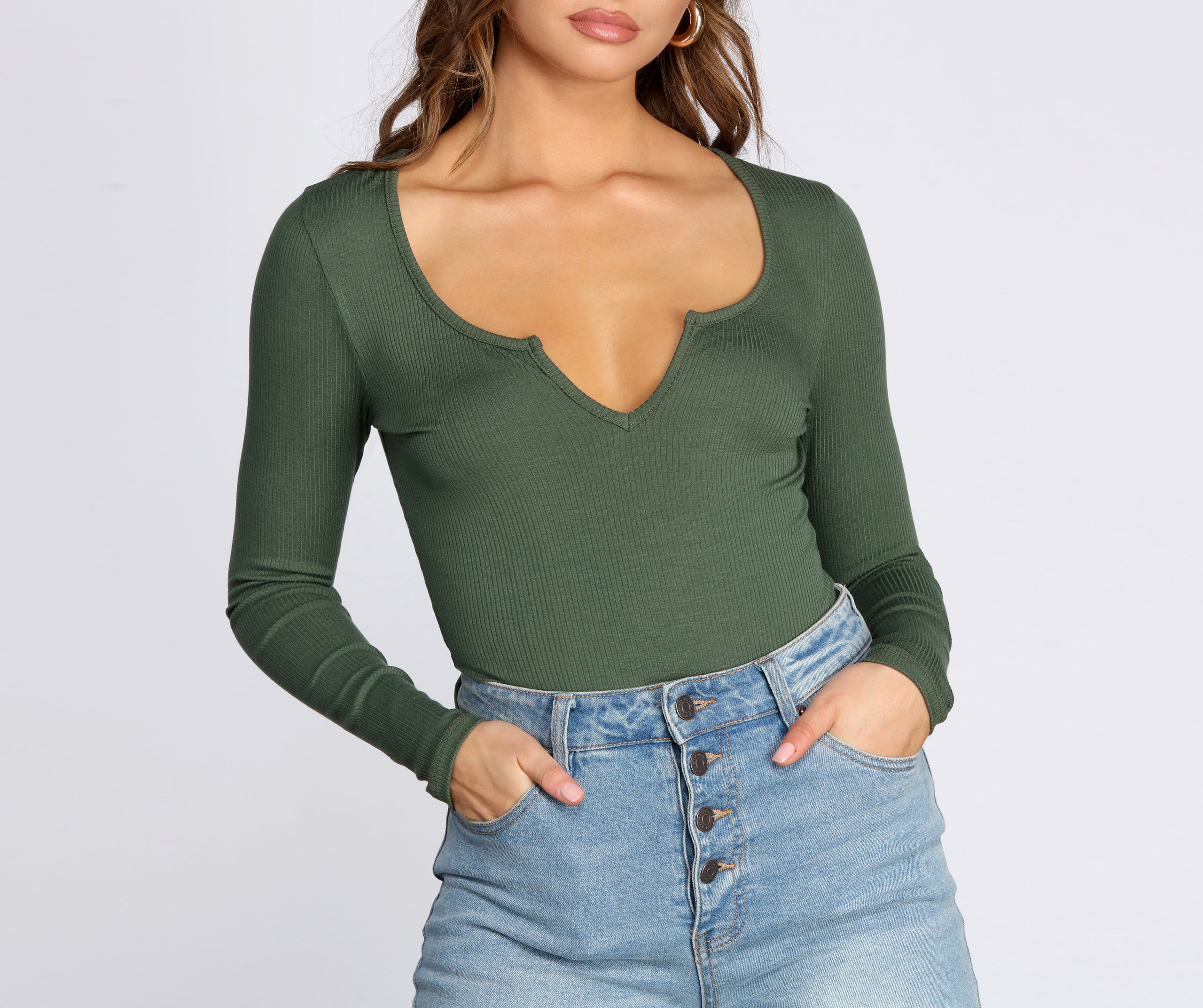 Notched Ribbed Knit Bodysuit