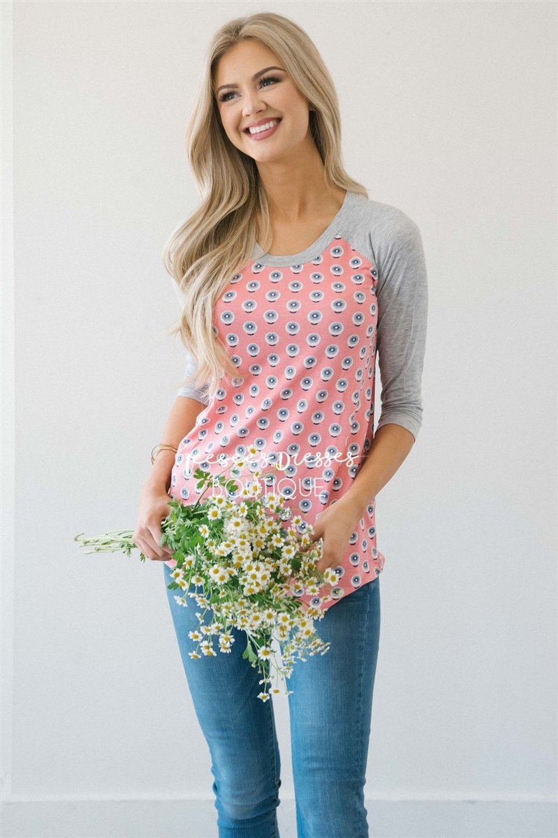 Pink Pinwheel Floral Baseball Sleeve Top