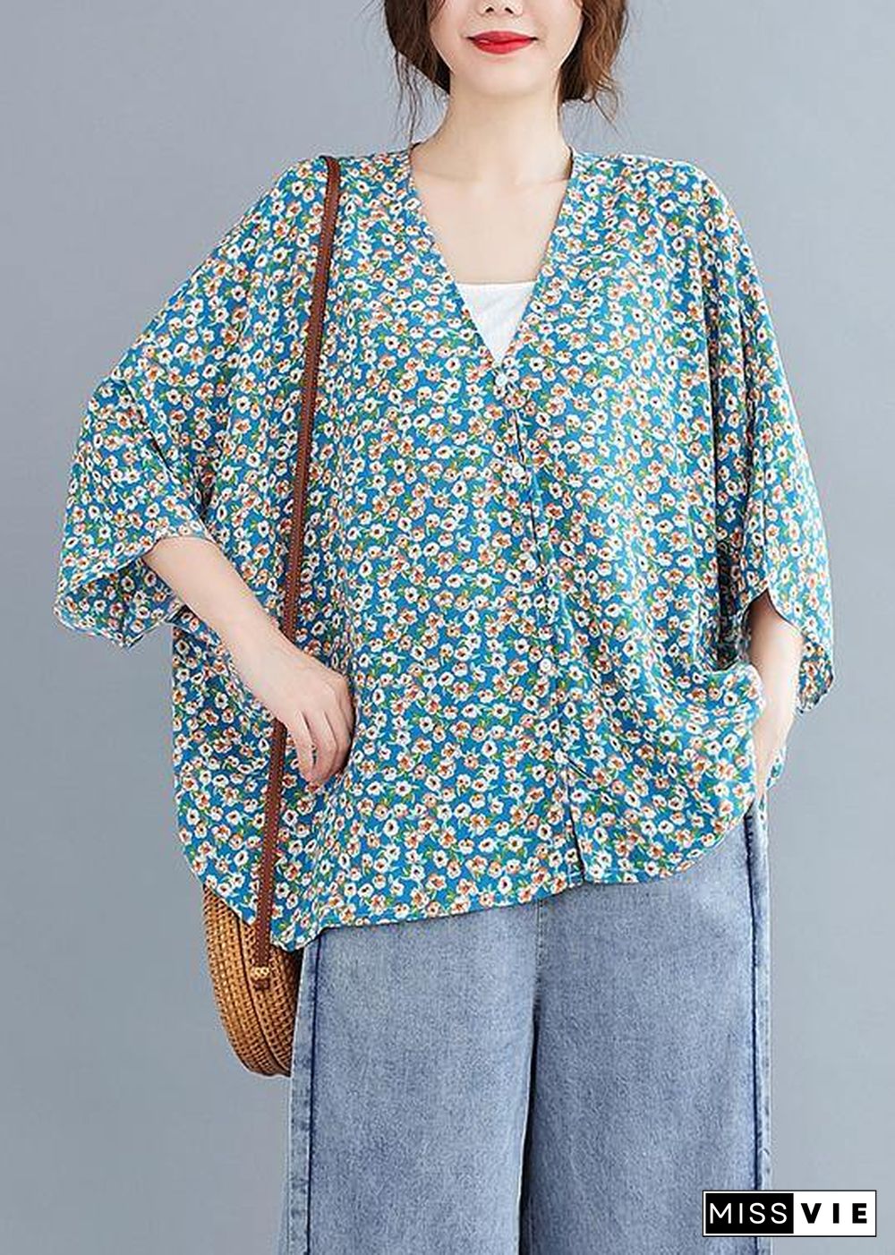 French v neck Batwing Sleeve Blouse Shirts blue floral blouse