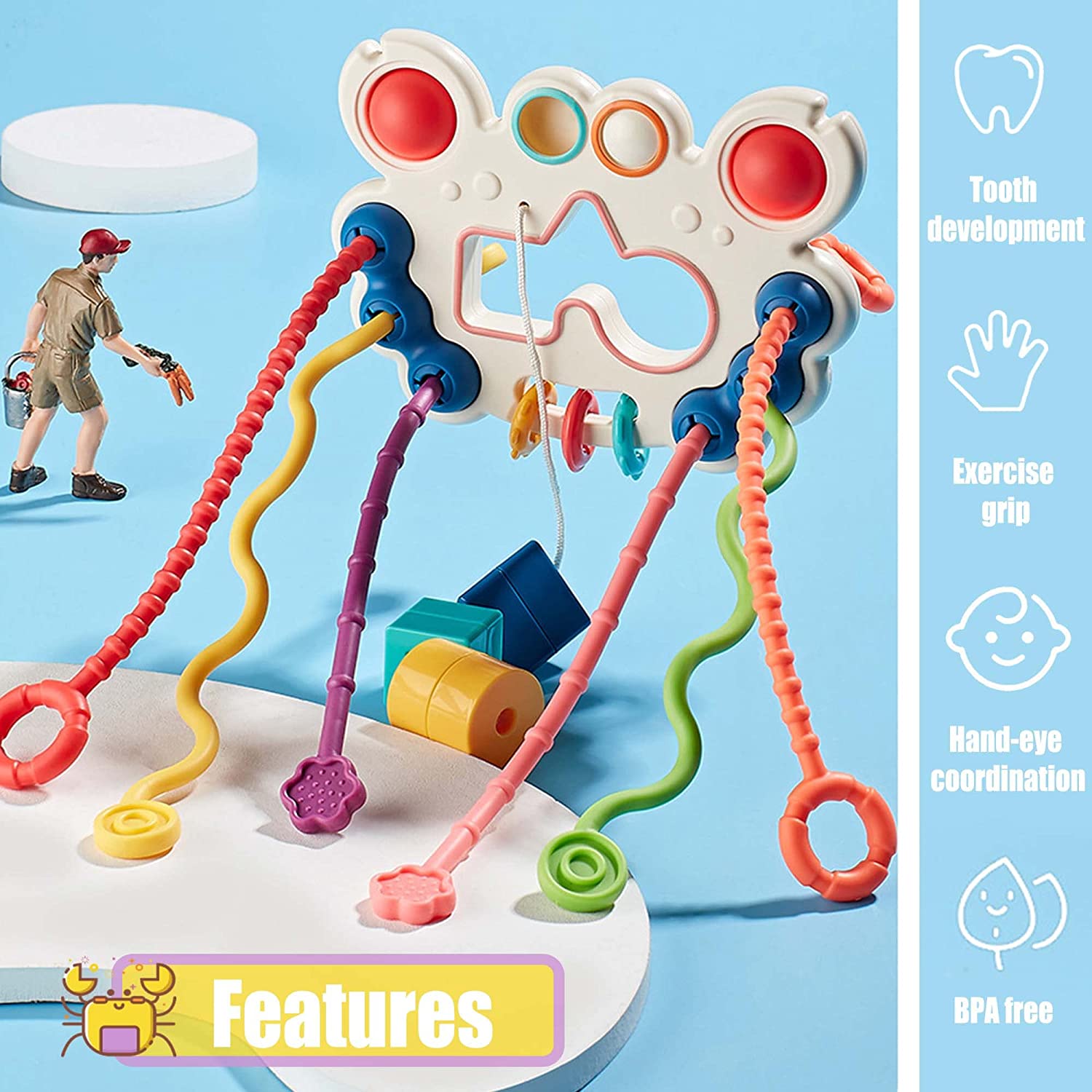 Baby Sensory Montessori Toys for 1 Year Old，Travel Pull String Baby Toy for 6-12 Months，Food Grade Silicone Multi-sensory Activity Toddler Toys，Developing Fine Motor Skill，Birthday Gift for Toddlers