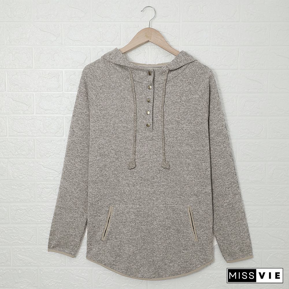 Heathered Print Button Snap Neck Pullover Hoodie