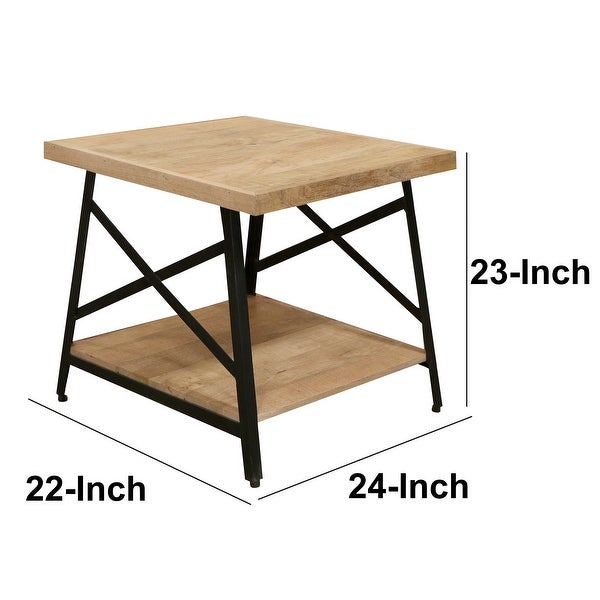 Rectangle Side Table with Open Bottom Shelf and Metal Legs， Brown and Gray