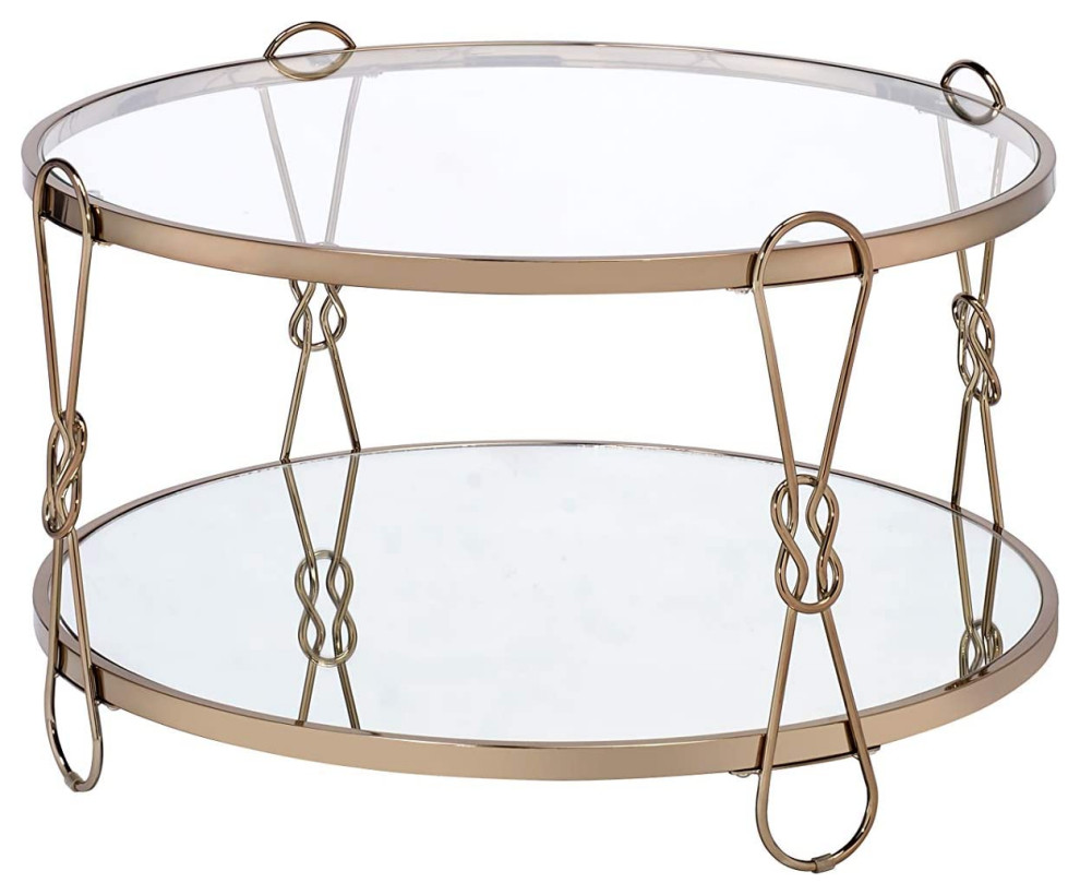 Modern Coffee Table  Metal Frame With Round Glass Top  ampMirror Shelf  Champagne   Modern   Sheds   by Declusia  Houzz