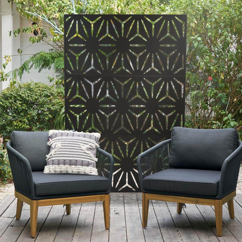 Tunearary 76 in. Black Outdoor Galvanized Steel Garden Fence Privacy Screens with Stand for Patio Deck Backyard PFH-S209LYF