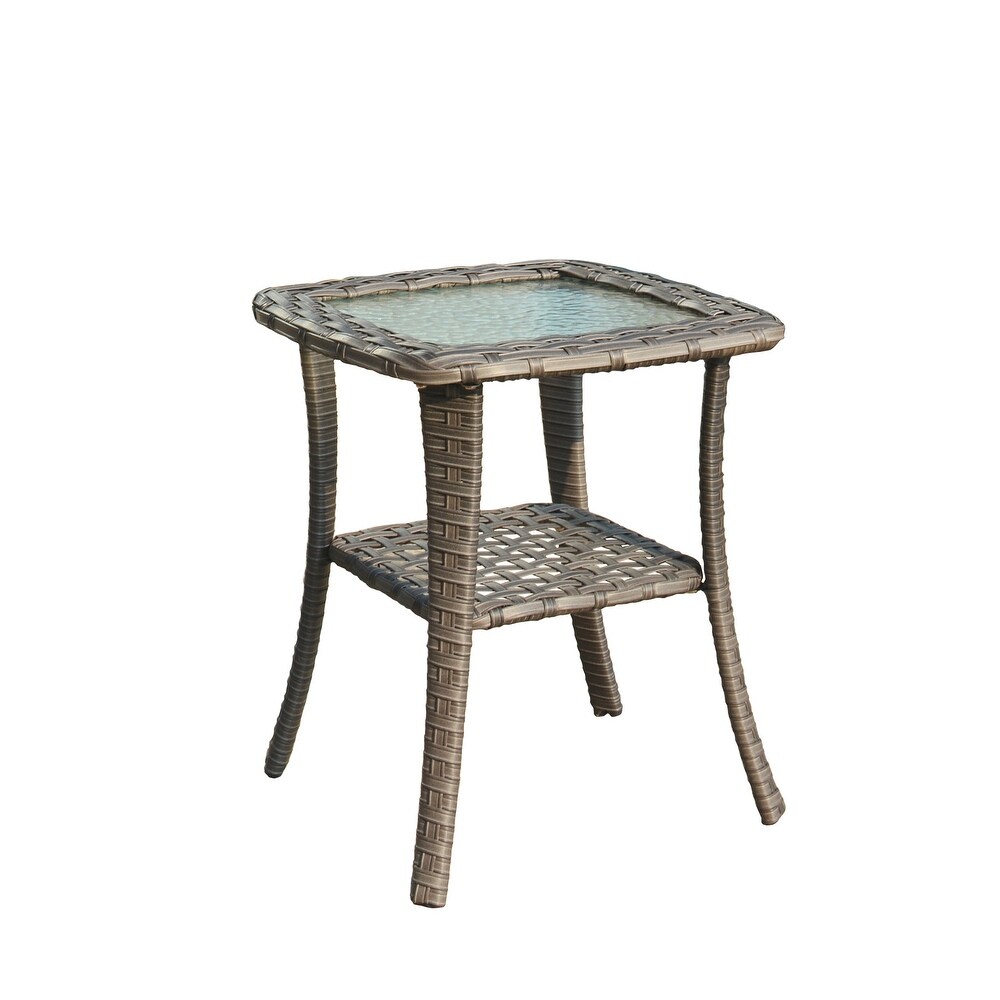 OVIOS Patio Outdoor Wicker Side Table with Glass Top