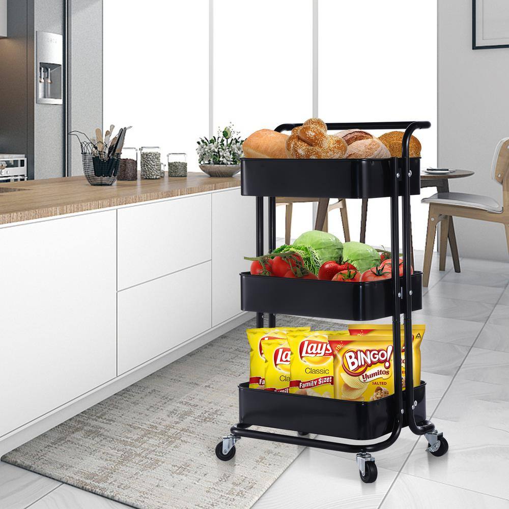 Huluwat 3-Tier Metal Storage Rolling Utility Cart with Wheels and Handle in Black DJYC-G-FNCART171333B