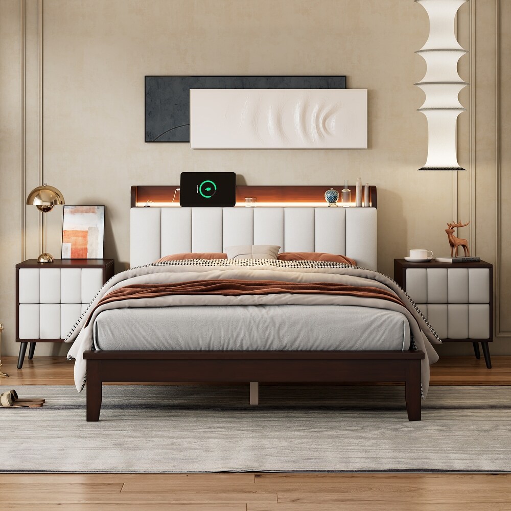 3 Pieces Bedroom Sets Full Size Wood Platform Bed and Two Nightstands Storage Platform bed with USB and LED Lights