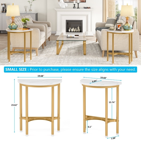 Faux Marble End Table Semi Circle， 20'' Small Half Round Side Tables with Base Metal Legs