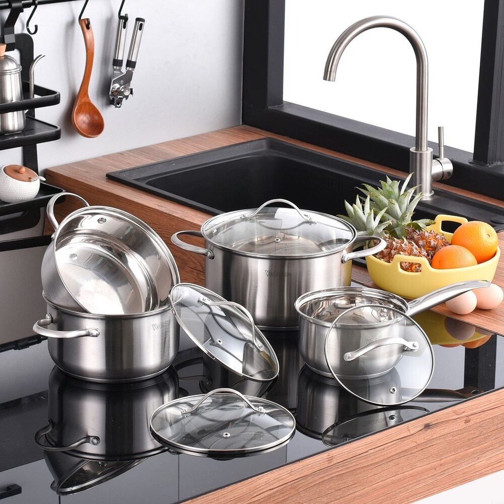 Velaze Miki Stainless Steel Induction Safe Cookware Set Wint Glass Lip