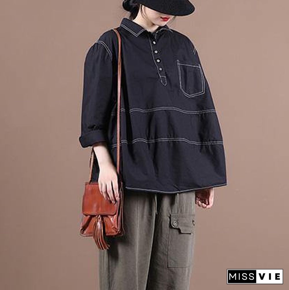 Women lapel baggy blouses for pattern black top