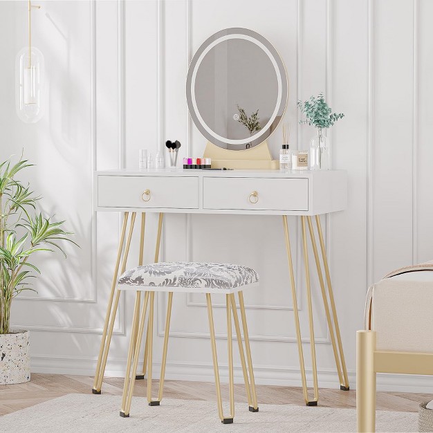 Vanity Desk Makeup Vanity Desk With Touch Light Mirror Stool And 2 Drawers White