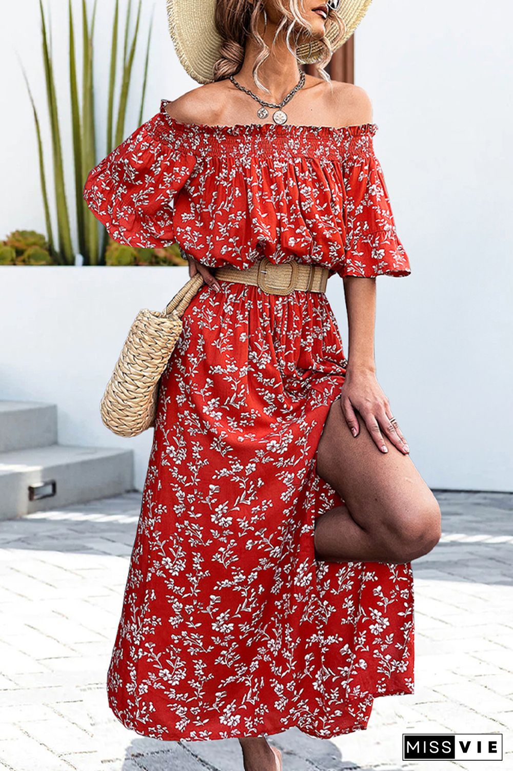 Red Floral Off Shoulder Balloon Sleeves Split Maxi Dress