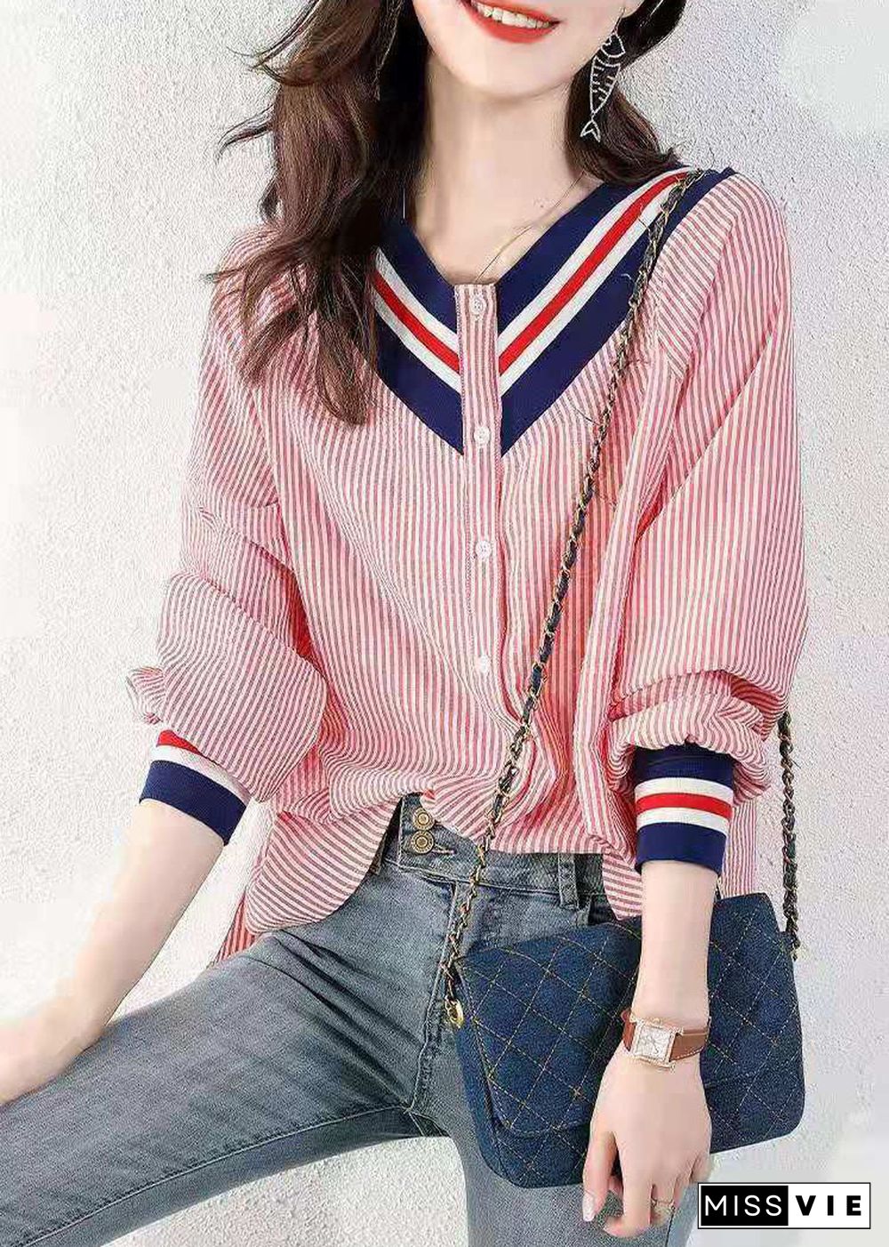 Handmade Pink V Neck Striped Cotton Blouses Spring