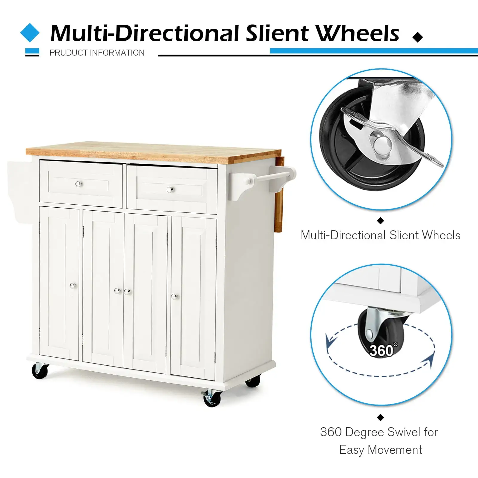 Rolling Kitchen Island Cart with Storage， Kitchen Cart with Drop-Leaf Rubber Wood Tabletop， Lockable Wheels， Trolley Cart Utility Cabinet， Towel Rack， Spice Rack Off-White