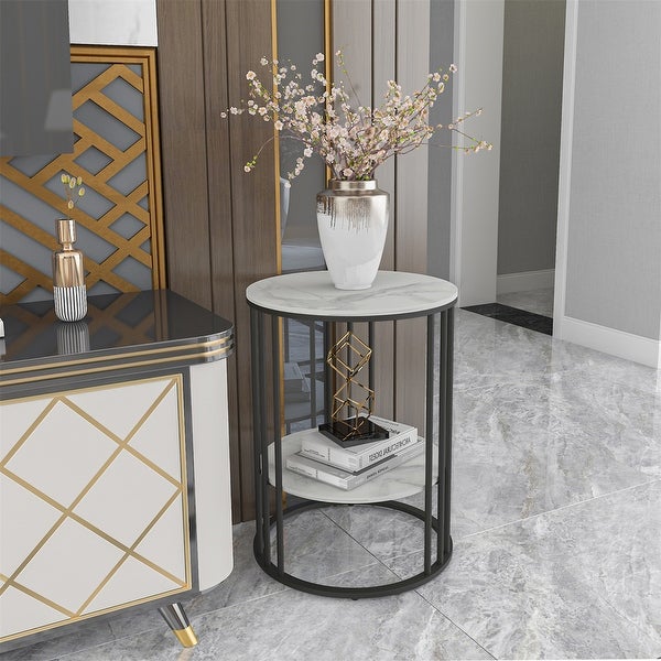 Tall Frame End Table Sintered Stone Tabletop Nightstand Storage Shelf - 15.7x15.7x21.3 inch