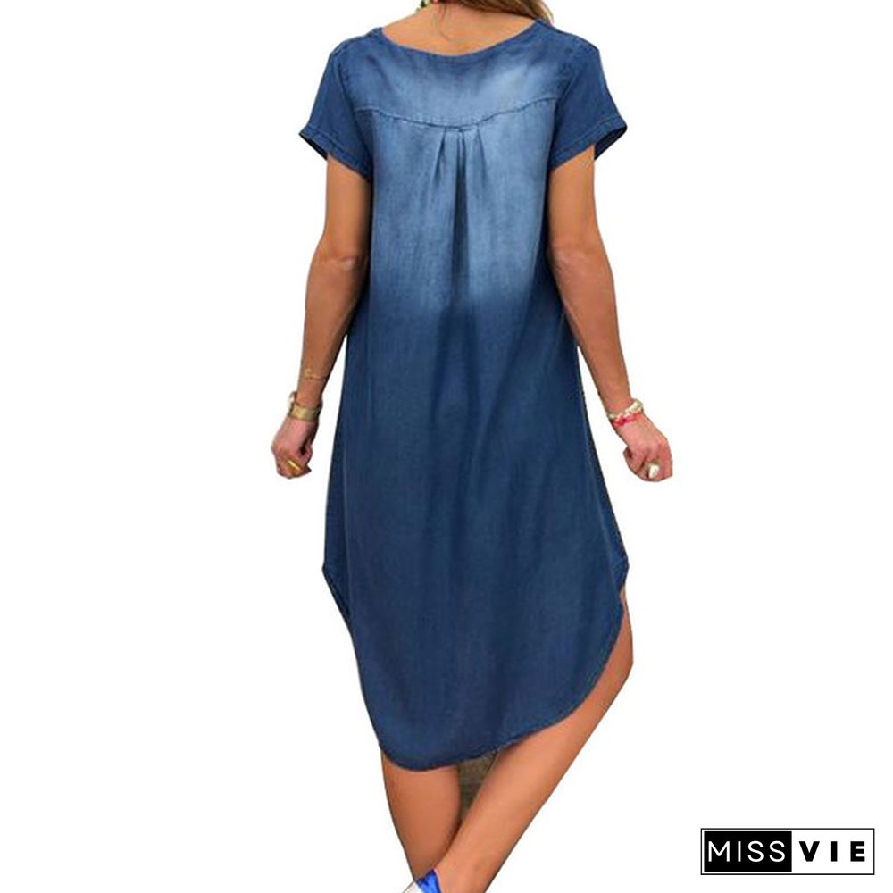 Women's V-neck Pullover Short Sleeve Loose Denim Dress