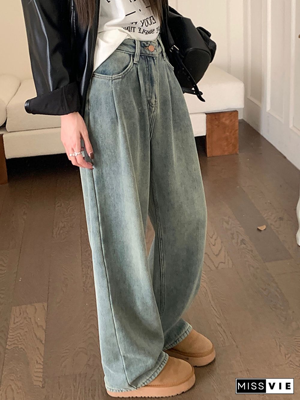 Vintage Blue Fleece Ruched High Rise Boyfriend Jeans