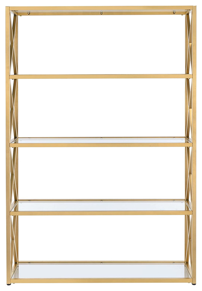 Bookcase  Metal Frame With X Shaped Sides  ampClear Glass Shelves  Gold Finish   Contemporary   Bookcases   by Declusia  Houzz