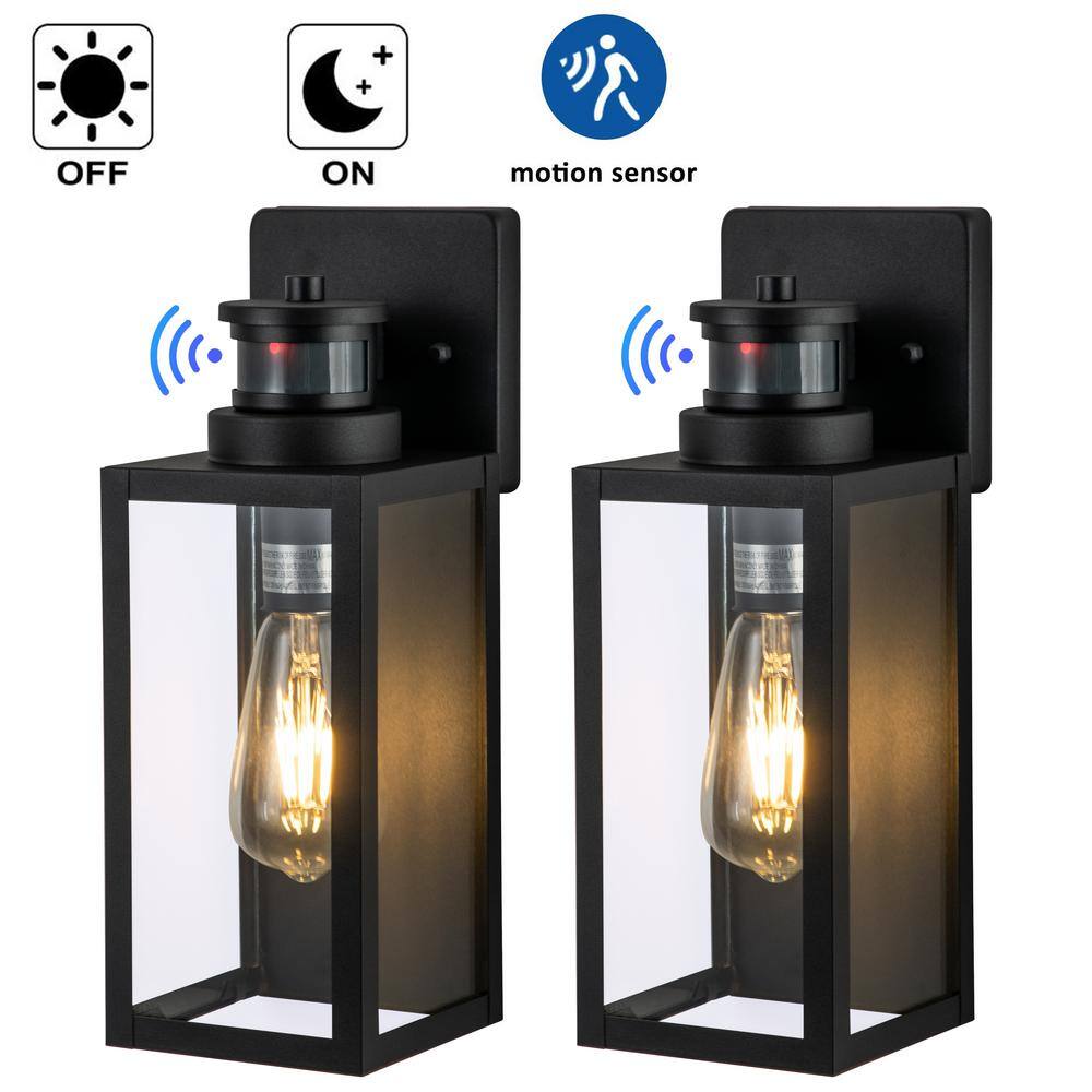 C Cattleya 1-Light Matte Black Motion Sensing Dusk to Dawn Non-Solar Outdoor Wall Lantern Sconce with Clear Tempered Glass (2-Pack) CA2239-2W