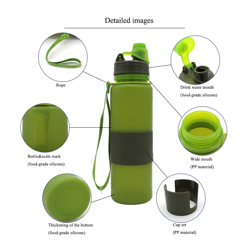 Wholesale Foldable Food Grade Heat Resistant Silicone Travel Water Bottle For Gym Sport Outdoor Camping