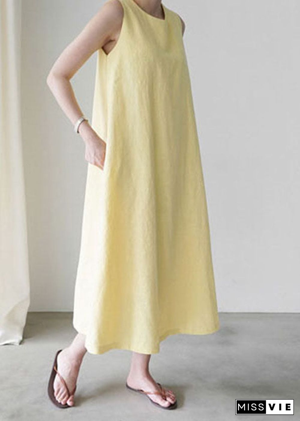 Unique Yellow O-Neck Pockets Party Dress Sleeveless