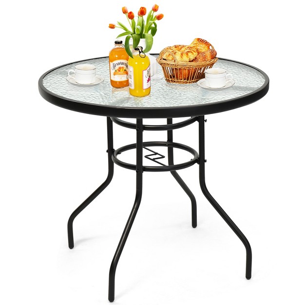 Tangkula Patio Round Table Patio Furniture Steel Frame Dining Table W Glass Top