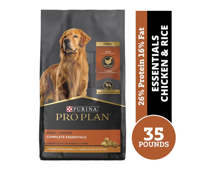 Purina Pro Plan Adult Complete Essentials Shredded Blend Chicken  Rice Dry Dog Food， 35 lb. Bag