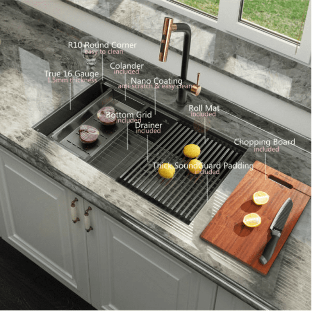 32-inch Undermount 16 Gauge Kitchen Sink R10 Radius Stainless Steel Kitchen Sink Single Bowl - 100% Handmade with Intergrated Ledge & Accessories (Pack of 5) -32"x19"x10"