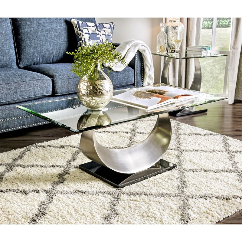 Furniture of America Suse Glass Top Coffee Table in Silver Satin Plated