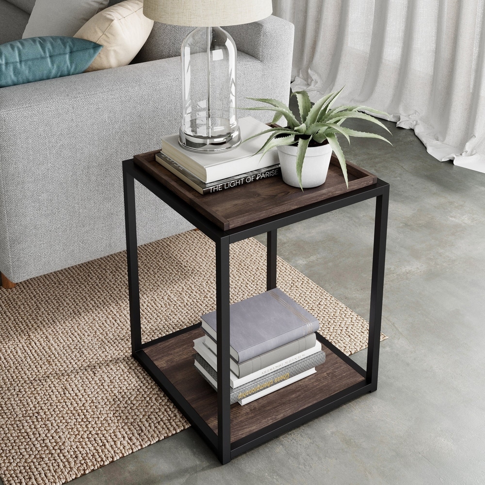 Nathan James Nash End Table with Tray Top Shelves   Metal Frame