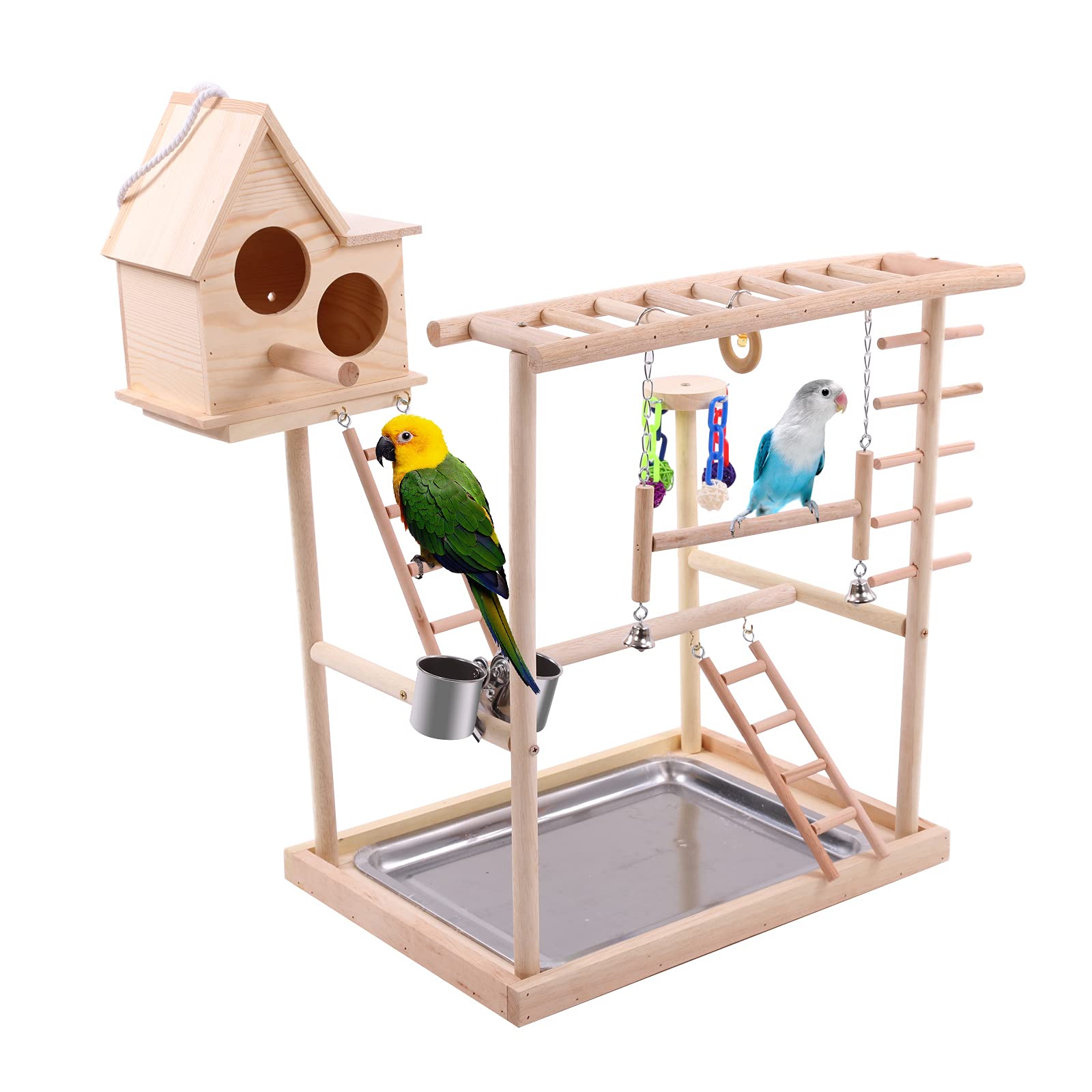 QBLEEV Bird's Nest Bird Perches Play Stand Gym Parrot Playground Play gym Playpen Play stand Swing Bridge Tray Wood Climb Ladders