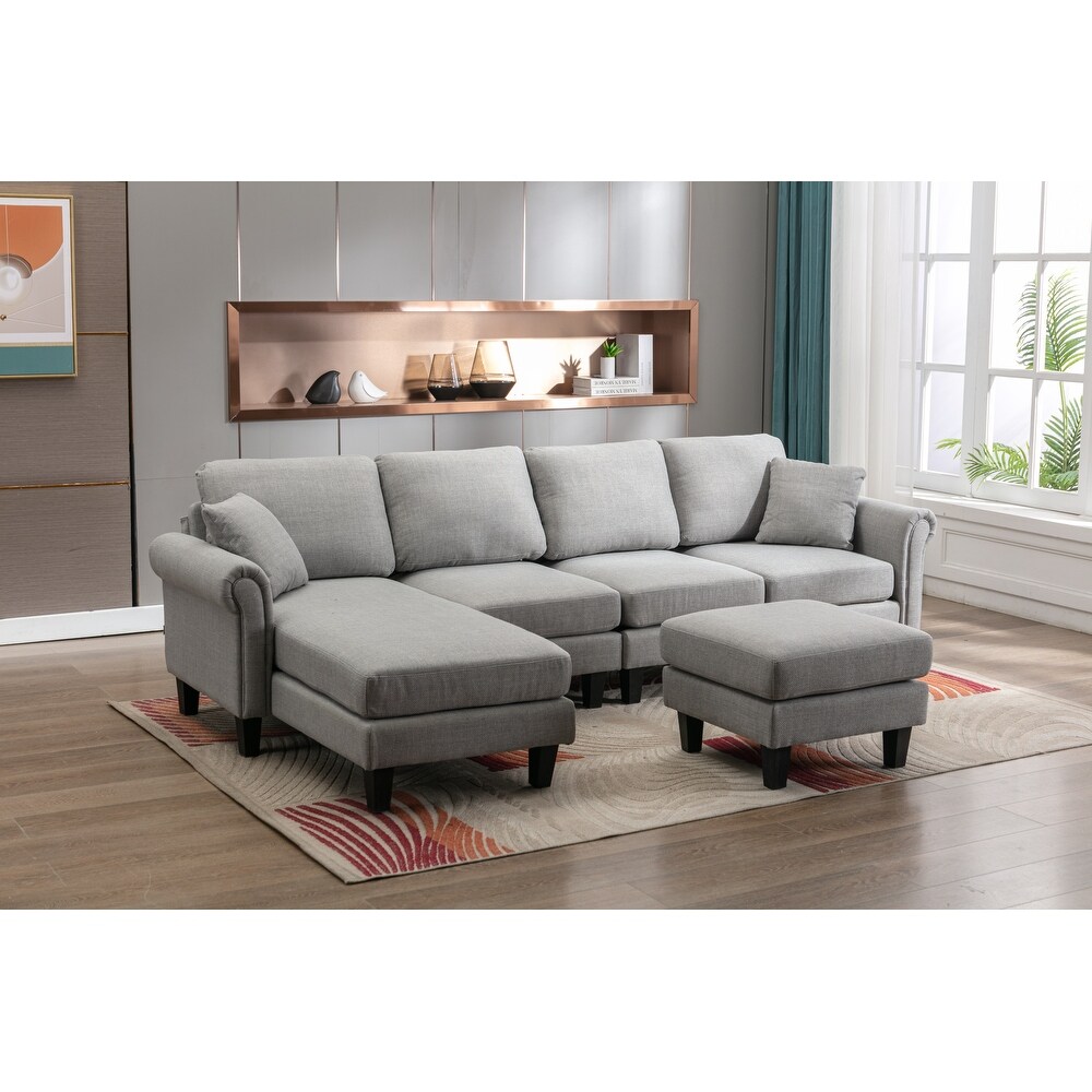 Velvet Upholstered L Shaped Sectional Sofa With Ottoman