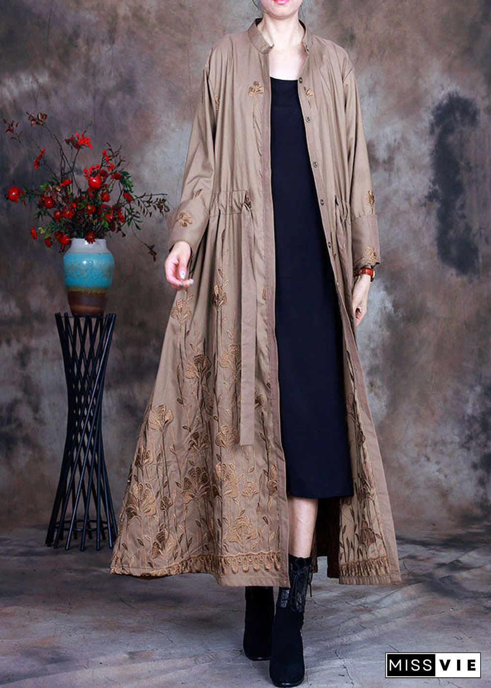 Art Khaki Embroideried drawstring Spring trench coats