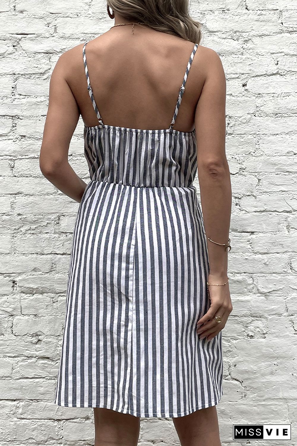 Grey Striped Print Sleeveless Linen Dress with Pockets Wholesale