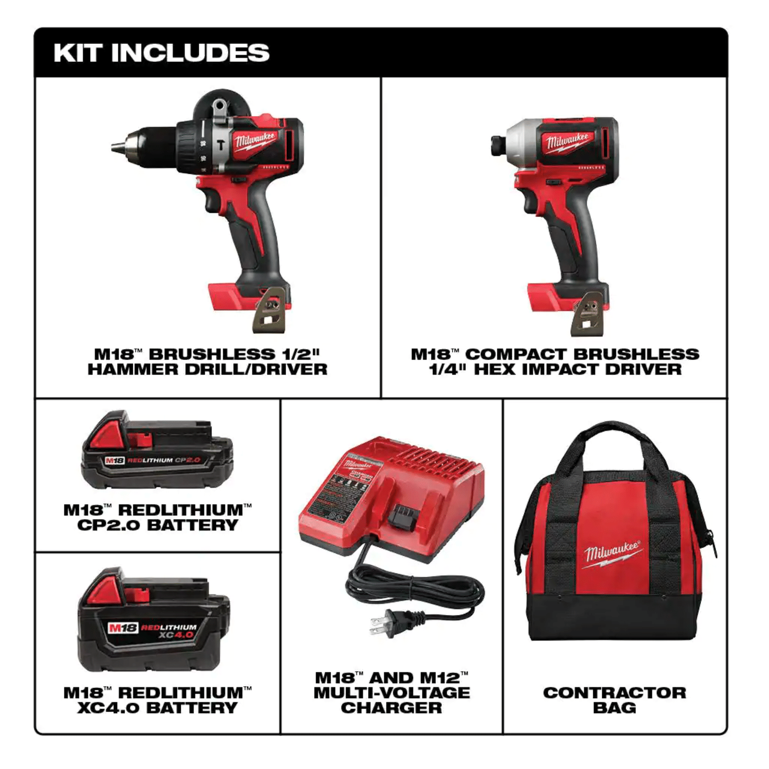 Milwaukee M18 18-Volt Lithium-Ion Brushless Cordless Hammer Drill/Impact Combo Kit (2-Tool) with 2 Batteries， Charger and Bag (2893-22CX)