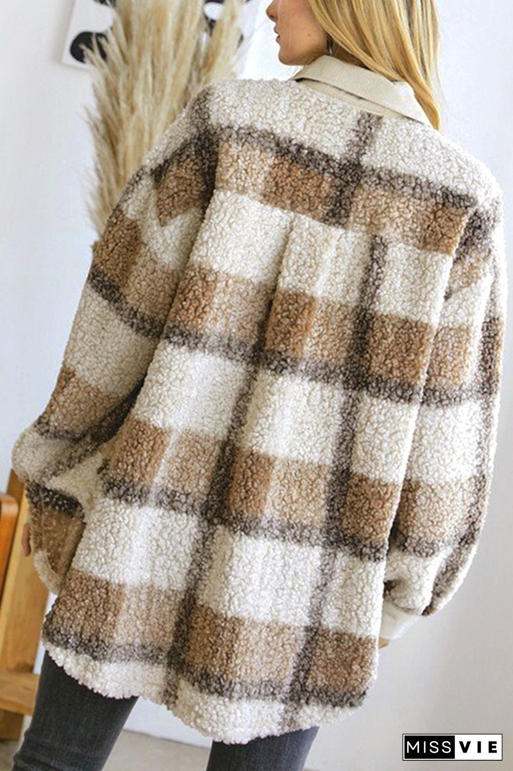 Plaid Open Button Pockets Sherpa Jackets