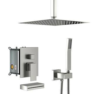 Flynama 3-Spray 12 in. Ceiling Mount Square Rainfall Shower Head with Hand Shower and Faucet in Brushed Nickel Valve Included J-X-W124381878