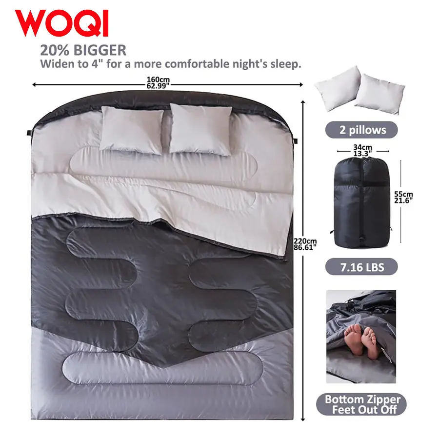 WOQI adult waterproof camping sleeping bag for two with 2 pillows  suitable for all season camping and hiking backpacks