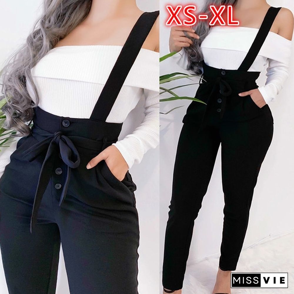 Winter Women Fashion Casual High Waist Buttons Slim Jumpsuits Long Pants Shoulder Straps Siamese Overalls Pants Ladies Bussiness Pants Leggins