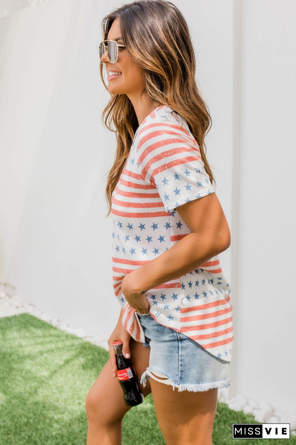 Stars and Stripes Print Crisscross Neck Tee