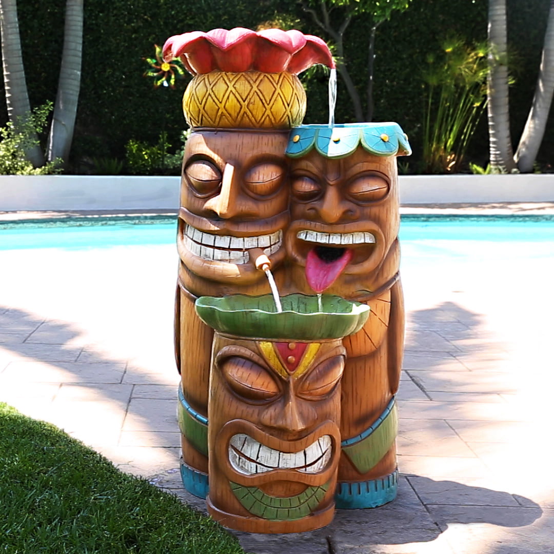 Alpine Outdoor Tiki Head Polyresin Electric Fountain with LED Light， 35 inch Tall