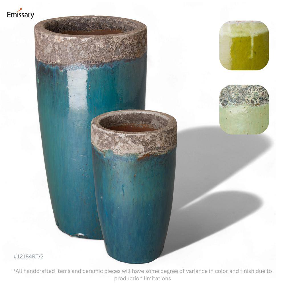 Emissary Tall 18 in. D x 34 in. H ReefTeal Ceramic Round Planter with Drainage Hole 12184RT-2