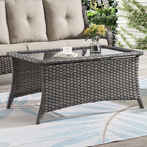 Outdoor Wicker Coffee Table Glass Top Rattan Table