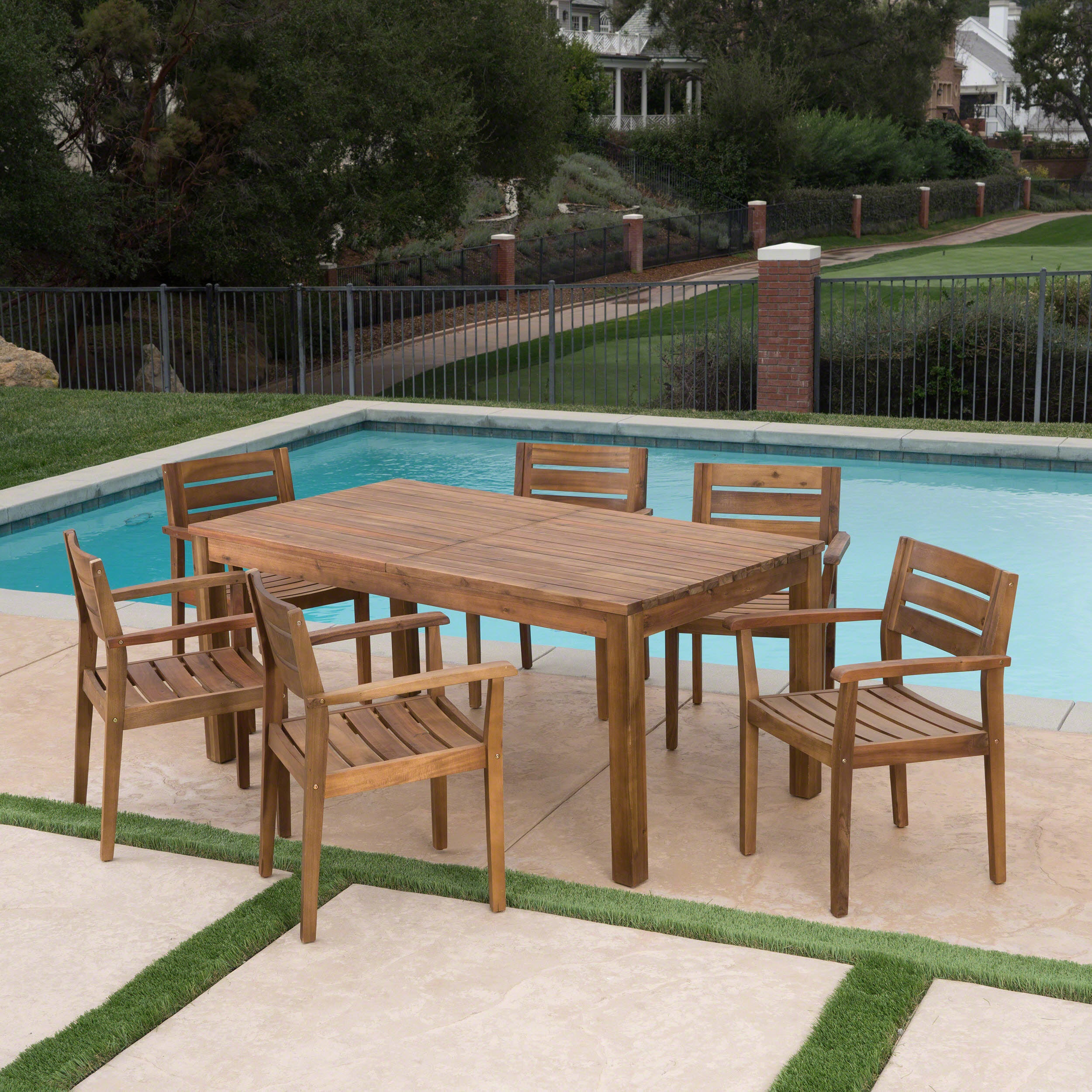 Sakura Outdoor 7 Piece Acacia Wood Dining Set with Expandable Dining Table