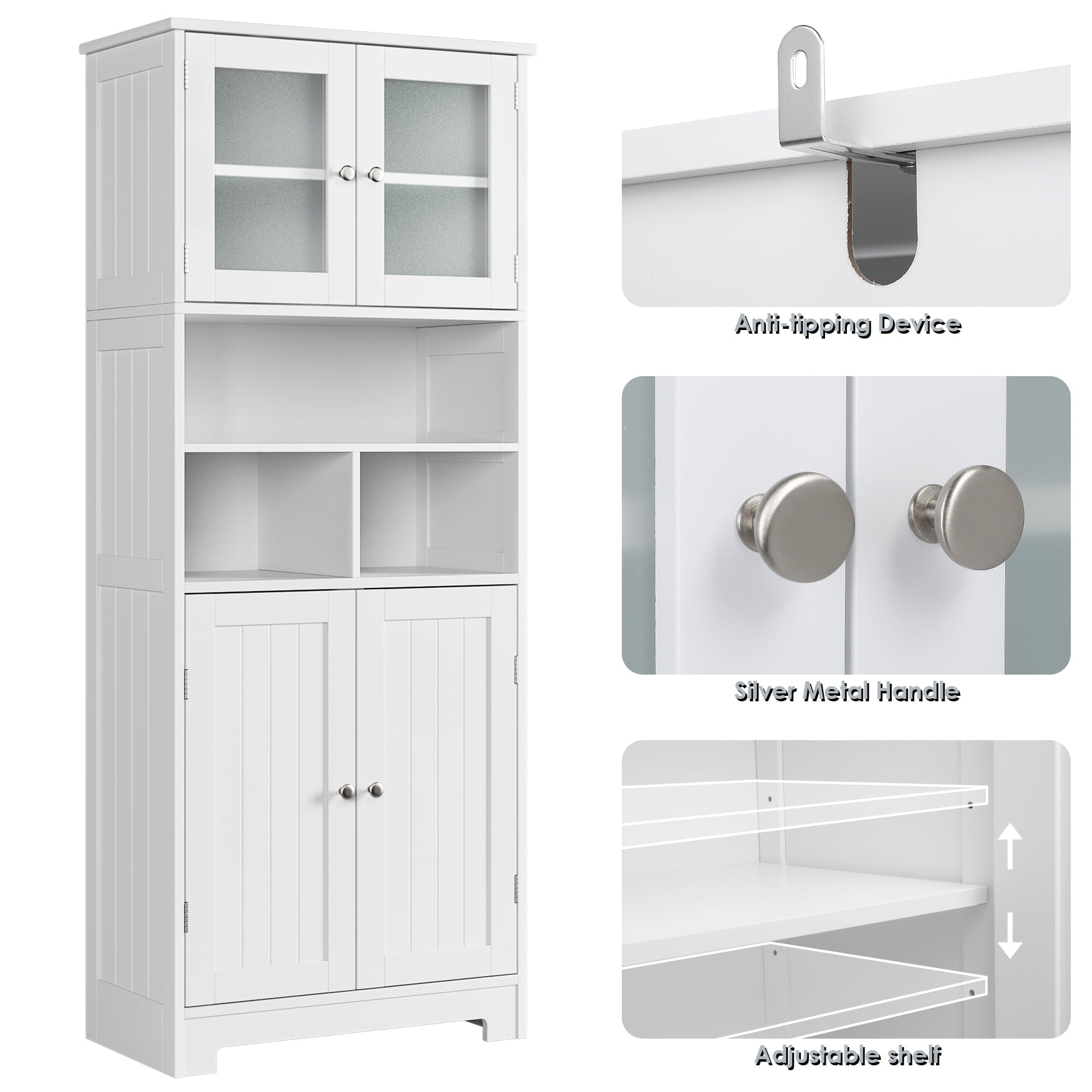 Homfa White Linen Cabinet, 58'' Tall Bathroom Cabinet with Doors and Shelves, Pantry Storage Cabinet with Hutch for Kitchen