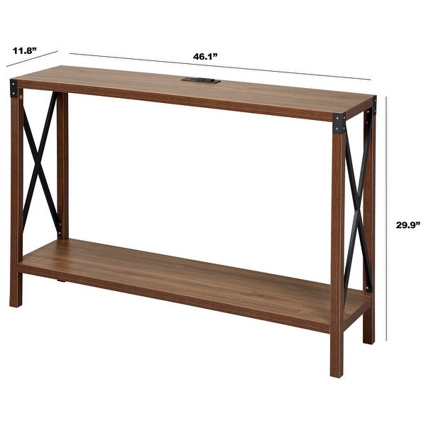 Industrial Rectangular Wood Console Table with AC Power and USB Charging Ports， Walnut