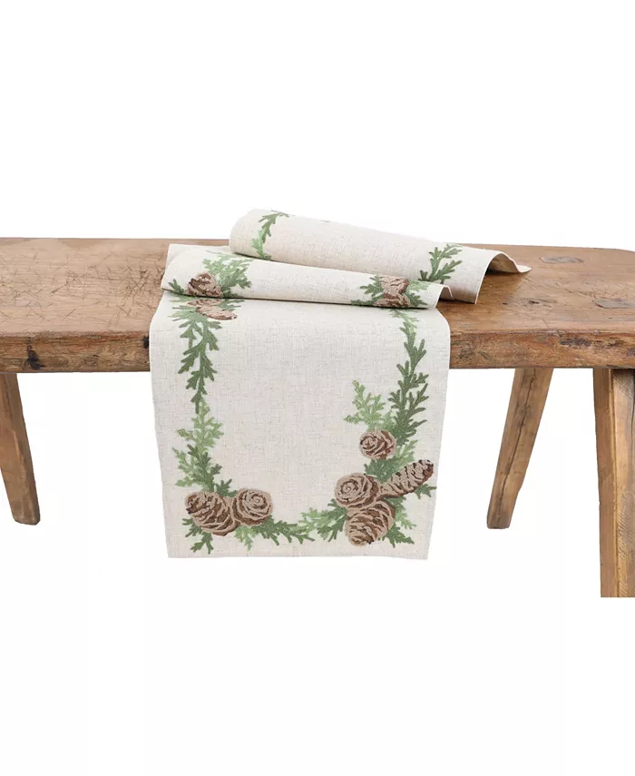 Manor Luxe Winter Pine Cones and Branches Crewel Embroidered Table Runner