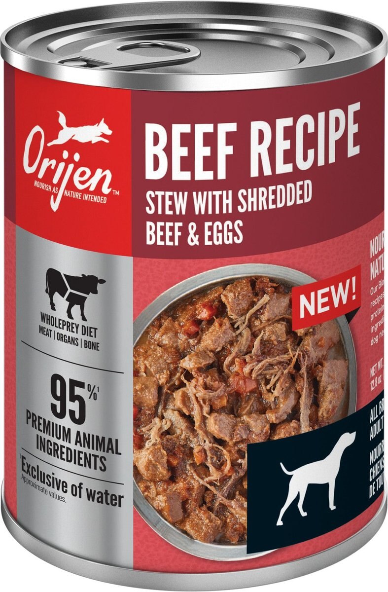 ORIJEN Real Meat Shreds Beef Recipe Stew Grain-Free Wet Dog Food， 12.8-oz can， case of 12