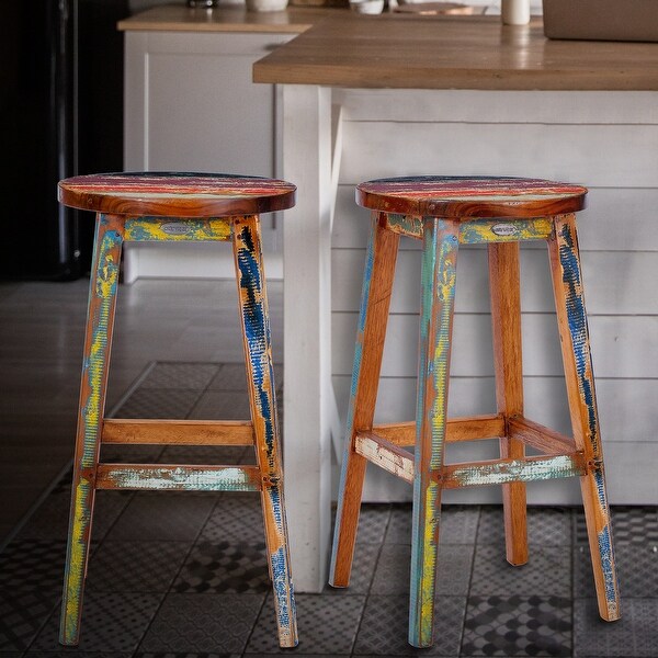 Chic Teak Marina Del Rey Round Recycled Teak Wood Boat Barstool