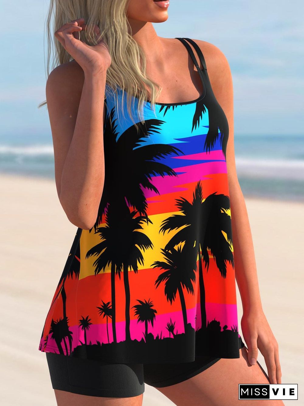 Plus Size Swimwear Sleeveless Colorblock Graphic Printed Tankini